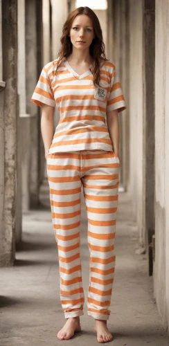 prisoner,horizontal stripes,onesie,stripped leggings,prison,orange,one-piece garment,jumpsuit,striped background,plus-size model,stripes,auschwitz 1,pajamas,onesies,arbitrary confinement,plus-size,girl in overalls,liberty cotton,malformation,pjs,Photography,Cinematic