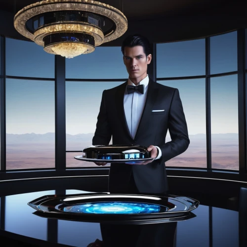 saucer,concierge,waiter,ufo interior,flying saucer,martini glass,las vegas entertainer,centrepiece,orrery,hotel man,lincoln cosmopolitan,poker table,businessman,boardroom,billionaire,gambler,black businessman,sky space concept,cup and saucer,bellboy,Art,Artistic Painting,Artistic Painting 48