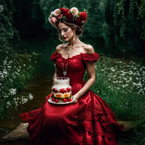 with roses,quinceañera,bridal dress,beautiful girl with flowers,red cake,hoopskirt,red roses,girl in flowers,confection,way of the roses,black forest,ball gown,bridal,black forest cake,red ranunculus,flower girl,fairy queen,russian traditions,wedding dress,queen of hearts