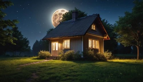 lonely house,small cabin,small house,little house,miniature house,wooden house,house in the forest,summer cottage,home landscape,inverted cottage,cabin,cottage,wooden hut,moonlit night,beautiful home,the cabin in the mountains,witch's house,night scene,log cabin,night image