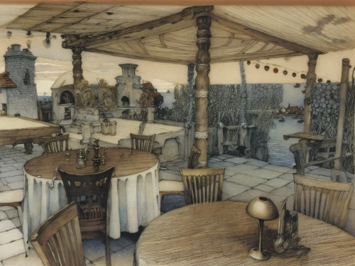 tavern,medieval market,watercolor cafe,rathauskeller,alpine restaurant,wine tavern,bistro,a restaurant,stalls,watercolor tea shop,knight tent,folk village,tjena-kitchen,barbecue area,restaurant ratskeller,beach restaurant,restaurant,tearoom,drinking establishment,rosa cantina,Illustration,Retro,Retro 25