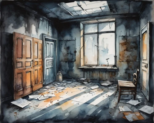 abandoned room,watercolor background,abandoned house,watercolor painting,abandoned place,empty room,abandoned places,watercolor,empty interior,luxury decay,watercolor paint,derelict,watercolor paris balcony,dilapidated,cold room,broken windows,abandoned,watercolor sketch,lost places,laundry room,Illustration,Paper based,Paper Based 25