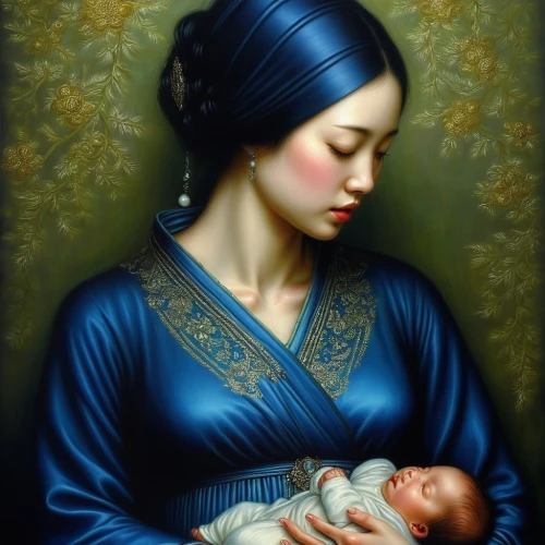 capricorn mother and child,mother with child,mother and child,vietnamese woman,little girl and mother,breastfeeding,newborn,holy family,chinese art,oriental painting,motherhood,mother-to-child,mother kiss,asian woman,breast-feeding,mother and infant,mary 1,mother,blue rose,mother's,Illustration,Realistic Fantasy,Realistic Fantasy 08