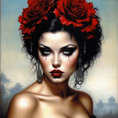 romantic portrait,red roses,red rose,geisha girl,queen of hearts,flower of passion,fantasy art,polynesian girl,widow flower,fantasy portrait,art painting,valentine day's pin up,rosa bonita,red flower,mystical portrait of a girl,pin ups,lady in red,geisha,oil painting on canvas,valentine pin up,Illustration,Realistic Fantasy,Realistic Fantasy 10