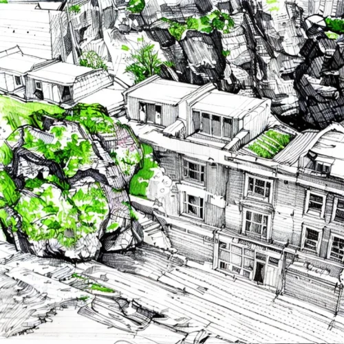 hashima,meteora,gunkanjima,rockface,rubble,topography,karst landscape,outcrop,building rubble,tamarama,terraforming,rock outcrop,rock face,geological,tigers nest,aerial landscape,urban design,geometric ai file,karst area,virtual landscape,Design Sketch,Design Sketch,Hand-drawn Line Art