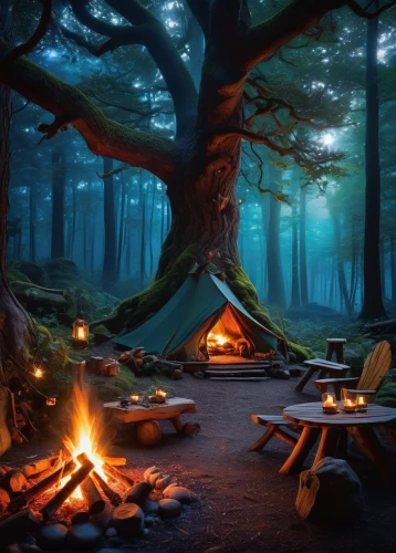 campfire,campfires,camping,log fire,campsite,fireside,camp fire,campground,enchanted forest,fairytale forest,camping tents,camping tipi,forest floor,fairy forest,tent camping,camping car,mushroom landscape,firepit,fire pit,house in the forest,Conceptual Art,Fantasy,Fantasy 30