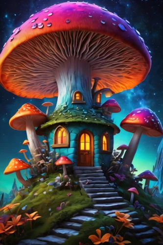 mushroom landscape,mushroom island,club mushroom,toadstools,mushrooms,toadstool,forest mushroom,mushroom,lingzhi mushroom,agaric,champignon mushroom,mushroom type,tree mushroom,fairy village,situation mushroom,umbrella mushrooms,amanita,mushrooming,fairy world,anti-cancer mushroom,Illustration,Realistic Fantasy,Realistic Fantasy 04