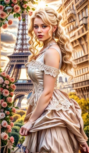 cinderella,rapunzel,disney rose,paris,fairy tale character,universal exhibition of paris,fantasy picture,french digital background,eiffel,fantasy portrait,victorian lady,french valentine,the blonde in the river,3d fantasy,fairy tale,romantic portrait,blonde woman,photoshop manipulation,paris clip art,fantasy art