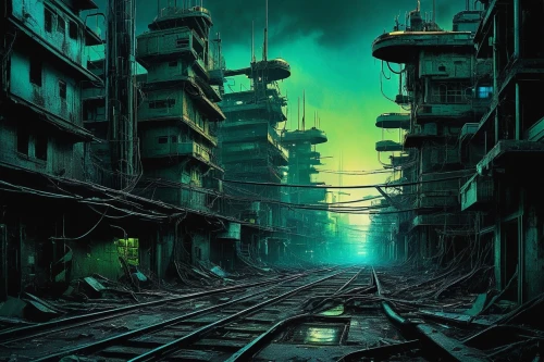 post-apocalyptic landscape,industrial landscape,futuristic landscape,post apocalyptic,destroyed city,ancient city,fantasy city,cyberpunk,dystopian,sci fiction illustration,dystopia,kowloon city,industrial ruin,scifi,post-apocalypse,metropolis,sci - fi,sci-fi,alleyway,black city,Illustration,Realistic Fantasy,Realistic Fantasy 35