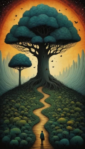 mushroom landscape,tree of life,the mystical path,magic tree,tangerine tree,the path,flourishing tree,pathway,tree grove,the trees,tree mushroom,lone tree,a tree,tree top path,celtic tree,painted tree,colorful tree of life,the roots of trees,forest tree,el salvador dali,Illustration,Abstract Fantasy,Abstract Fantasy 19