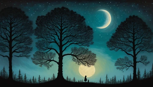 moonlit night,night scene,moon and star background,birch tree illustration,the moon and the stars,moonlit,hanging moon,moon night,moon and star,forest of dreams,moonlight,moons,girl with tree,crescent moon,stars and moon,night stars,the girl next to the tree,the trees,lone tree,dream world,Illustration,Abstract Fantasy,Abstract Fantasy 19