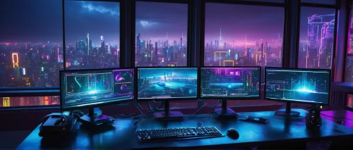 computer room,computer workstation,cyberpunk,computer desk,pc tower,monitor wall,desk,blur office background,modern office,aesthetic,desktop computer,working space,monitors,setup,workspace,desk top,computer screen,the server room,game room,creative office,Conceptual Art,Oil color,Oil Color 02