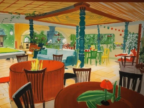 watercolor cafe,bistro,colored pencil background,outdoor dining,watercolor tea shop,beach restaurant,a restaurant,bistrot,patio,rosa cantina,alpine restaurant,tearoom,paris cafe,the coffee shop,café,outdoor table and chairs,food court,parasols,garden furniture,mid century,Illustration,Paper based,Paper Based 07