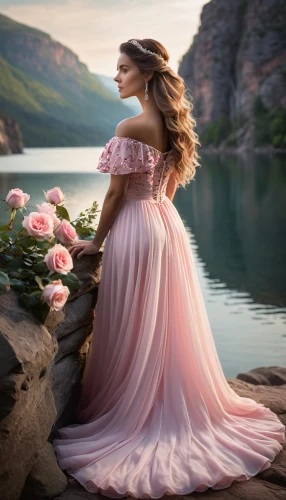 celtic woman,romantic rose,enchanting,girl in a long dress,scent of roses,romantic portrait,romantic look,landscape rose,fantasy picture,evening dress,gracefulness,ball gown,femininity,rose pink colors,quinceañera,fairytale,peach rose,girl on the river,quinceanera dresses,pink roses,Photography,General,Cinematic