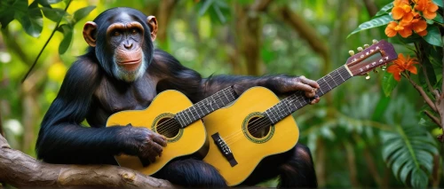 monkeys band,bonobo,cavaquinho,ukulele,monkey banana,chimpanzee,siamang,banjo uke,common chimpanzee,primate,bongo,charango,orang utan,tamarin,tarzan,great apes,bongo drum,banjo guitar,playing the guitar,primates,Conceptual Art,Daily,Daily 07