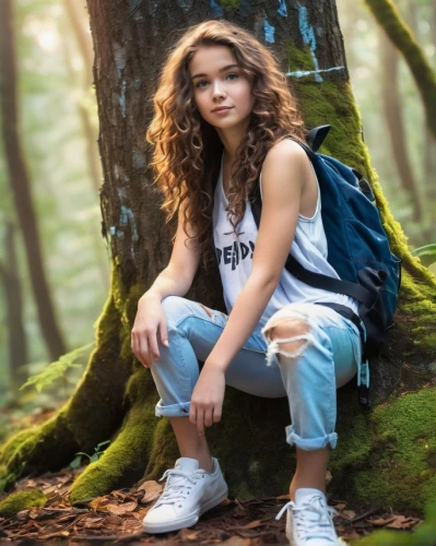 girl with tree,in the forest,portrait photography,girl in t-shirt,teen,girl in overalls,photo session in torn clothes,forest background,the girl next to the tree,perched on a log,fridays for future,spruce shoot,beautiful young woman,book,jeans background,tori,portrait photographers,sofia,young woman,aeriel,Conceptual Art,Oil color,Oil Color 21