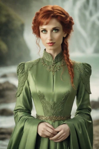 celtic woman,celtic queen,maureen o'hara - female,princess anna,fairy tale character,fantasy woman,fae,green aurora,the enchantress,fantasy portrait,merida,faery,miss circassian,fairytale characters,fantasy picture,lilian gish - female,ginger rodgers,mystical portrait of a girl,green dress,elven,Photography,Cinematic