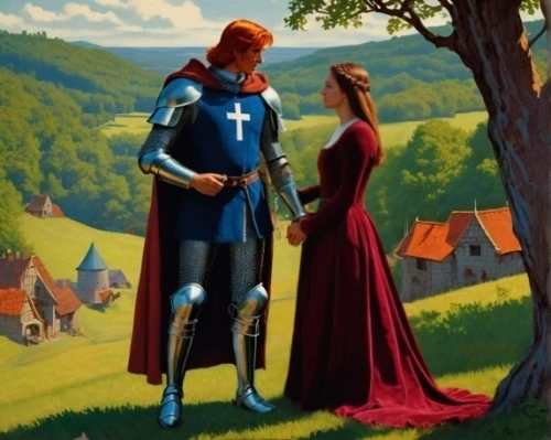 young couple,courtship,dispute,fantasy picture,man and wife,romantic scene,a fairy tale,knight village,sci fiction illustration,romance novel,medieval,fairy tale,the order of the fields,knight tent,man and woman,camelot,bach knights castle,heroic fantasy,idyll,accolade