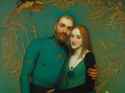 young couple,mistletoe,romantic portrait,man and wife,gothic portrait,father with child,parrot couple,fantasy portrait,artist portrait,genuine turquoise,portrait background,green background,sailors,vintage man and woman,boy and girl,couple boy and girl owl,crème de menthe,two people,father and daughter,green and blue,Art,Classical Oil Painting,Classical Oil Painting 44