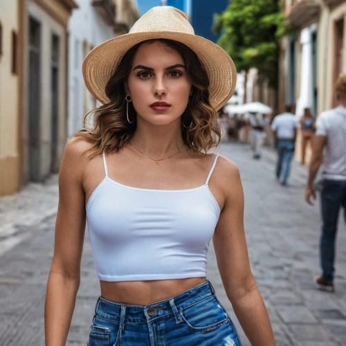 girl wearing hat,cuba background,taormina,sombrero,girl in t-shirt,paloma perdiz,paloma,nerja,antigua,leather hat,fedora,panama hat,cotton top,tube top,havana,white shirt,capri,mexico,mexican,cuban,Photography,General,Realistic