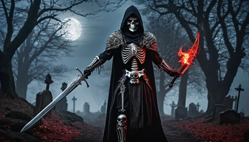 grim reaper,grimm reaper,dance of death,death god,undead warlock,danse macabre,reaper,skeleltt,angel of death,scythe,vanitas,skeletal,skeleton key,days of the dead,hathseput mortuary,skeletons,halloween background,death's-head,burial ground,halloween poster,Illustration,Realistic Fantasy,Realistic Fantasy 11