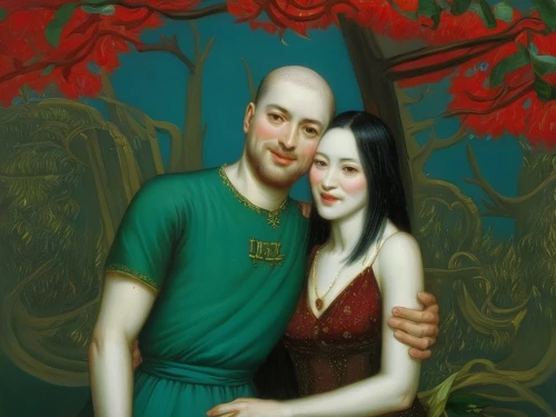young couple,romantic portrait,gothic portrait,adam and eve,mistletoe,portrait background,man and wife,dancing couple,couple,fantasy portrait,two people,parrot couple,custom portrait,couple in love,on a red background,red magnolia,khokhloma painting,couple - relationship,tango,ventriloquist,Illustration,Realistic Fantasy,Realistic Fantasy 08