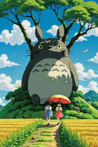 my neighbor totoro,studio ghibli,yo-kai,pekapoo,ori-pei,bulbasaur,komajirou,korokke,mother earth squeezes a bun,would a background,round hut,background image,pokémon,yakushima,kumano kodo,uruburu,cartoon forest,melonpan,sesame bun,pokemon,Illustration,Japanese style,Japanese Style 12