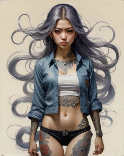 tattoo girl,oriental girl,fantasy art,fantasy portrait,han thom,asian woman,tattoos,tattoo artist,asian vision,tattoo expo,oriental princess,watercolor pin up,body piercing,belly painting,tattooed,janome chow,with tattoo,painted lady,mystical portrait of a girl,denim jacket,Illustration,Realistic Fantasy,Realistic Fantasy 44