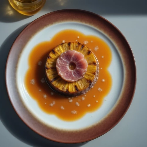 consommé,tataki,creme caramel,kaiseki,gelatin dessert,panna cotta,foie gras,velouté sauce,pannacotta,narutomaki,food styling,culinary art,carpaccio,gastronomy,crudo,small plate,consommé cup,crème brûlée,water lily plate,anhui cuisine,Photography,General,Realistic