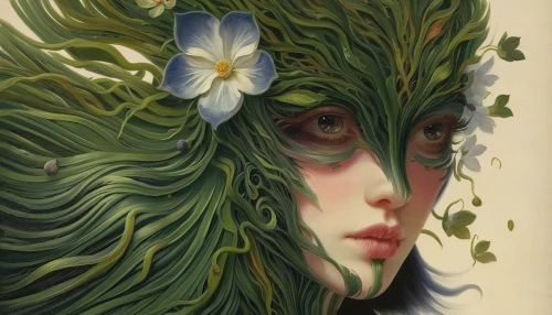 dryad,flora,faery,faerie,elven flower,natura,girl with tree,mother nature,fae,mother earth,forest clover,tilia,anahata,urtica,rusalka,wilted,fantasy portrait,linden blossom,girl in a wreath,background ivy,Art,Classical Oil Painting,Classical Oil Painting 10