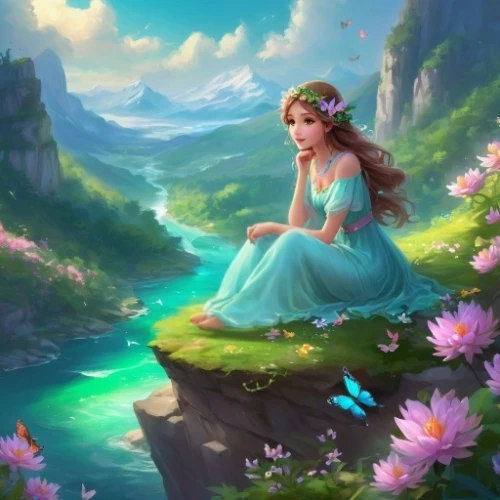 mermaid background,fantasy picture,spring background,springtime background,jasmine blossom,rosa 'the fairy,fantasia,flower background,girl in flowers,fairy world,landscape background,flora,jasmine,tiana,girl picking flowers,fae,rusalka,water nymph,idyll,sea of flowers
