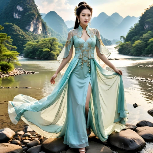 oriental princess,ao dai,fantasy picture,mulan,chinese art,water lotus,hanbok,teal blue asia,fantasy art,inner mongolian beauty,oriental painting,chinese style,dragon li,shuanghuan noble,xing yi quan,yi sun sin,xuan lian,celtic queen,sacred lotus,yuanyang