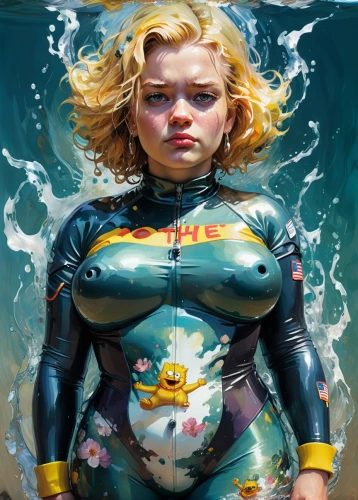 aquanaut,under the water,scuba,the blonde in the river,aquaman,the sea maid,bodypaint,divemaster,under water,bodypainting,sci fiction illustration,underwater background,comic book bubble,swimmer,submerged,female swimmer,under sea,underwater,siren,wetsuit,Conceptual Art,Oil color,Oil Color 04