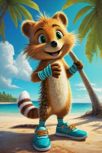 madagascar,rocket raccoon,raccoon,cute cartoon character,sand fox,summer background,coatimundi,mustelid,mascot,squirell,coconut jam,cute cartoon image,bongo,the mascot,king coconut,raccoons,north american raccoon,beach background,anthropomorphized animals,coconut,Illustration,Paper based,Paper Based 18