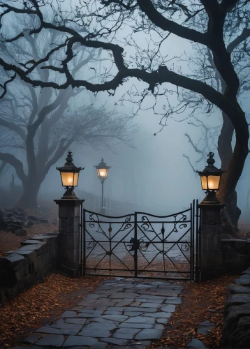 autumn fog,foggy landscape,halloween scene,haunted forest,the mystical path,atmospheric,fog banks,halloween background,dark park,halloween bare trees,haunted,dense fog,evening atmosphere,ground fog,the fog,veil fog,pathway,fog,myst,foggy day,Illustration,Paper based,Paper Based 12