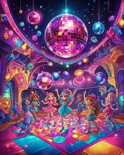 prism ball,disco,fairy galaxy,epcot ball,fairy world,mirror ball,fantasy world,3d fantasy,ballroom,cg artwork,rainbow world map,musical dome,dance club,disco ball,star balloons,circus stage,kaleidoscope art,dance pad,cirque,children's background,Illustration,Realistic Fantasy,Realistic Fantasy 38