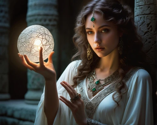 crystal ball-photography,mystical portrait of a girl,sorceress,crystal ball,fortune teller,fortune telling,the enchantress,fantasy portrait,faery,priestess,divination,candlemaker,celtic woman,cybele,callisto,elven,faerie,light of art,fantasy picture,ball fortune tellers,Conceptual Art,Daily,Daily 27