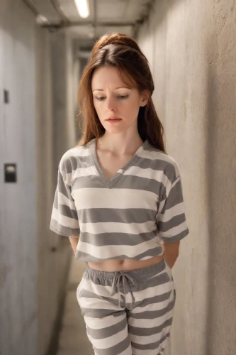 prisoner,prison,arbitrary confinement,handcuffed,horizontal stripes,in custody,pajamas,stripped leggings,video scene,detention,mime,girl walking away,captivity,drug rehabilitation,girl in overalls,pjs,live escape game,raggedy ann,tied up,mime artist,Photography,Natural