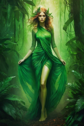 dryad,poison ivy,fae,the enchantress,faerie,faery,green forest,druid,elven forest,merida,green wallpaper,rusalka,forest background,green aurora,green,patrol,sorceress,fantasy picture,anahata,in green,Illustration,Realistic Fantasy,Realistic Fantasy 15