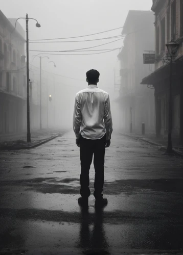 standing man,loneliness,film noir,stand alone,walking man,foggy day,the fog,conceptual photography,fog,to be alone,man silhouette,foggy,a pedestrian,ghost town,man praying,al capone,lonliness,sleepwalking,fog up,walking in the rain,Conceptual Art,Daily,Daily 07
