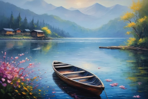 boat landscape,fishing float,row boat,canoe,river landscape,landscape background,canoeing,canoes,wooden boat,oil painting on canvas,row boats,rowboats,beautiful lake,water boat,little boat,mountain lake,picnic boat,art painting,oil painting,long-tail boat,Illustration,Japanese style,Japanese Style 09
