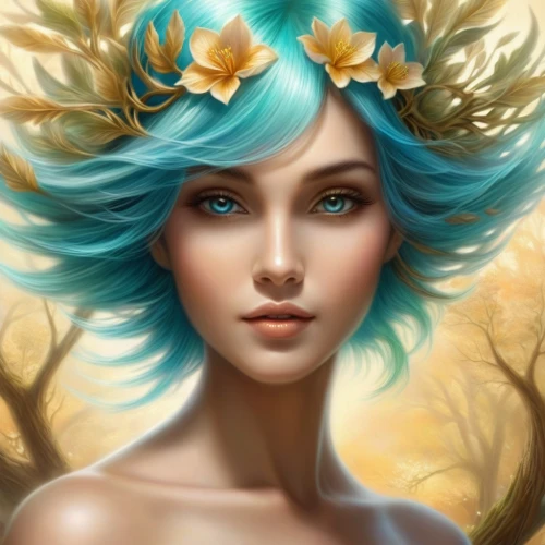 dryad,elven flower,fantasy portrait,faerie,faery,flower fairy,girl in a wreath,mystical portrait of a girl,spring crown,fantasy art,fairy queen,tree crown,flora,girl in flowers,girl with tree,laurel wreath,blue enchantress,fae,feather headdress,world digital painting,Illustration,Realistic Fantasy,Realistic Fantasy 01