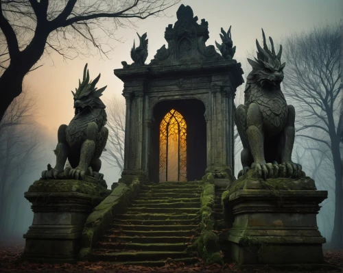 ghost castle,old graveyard,haunted cathedral,graveyard,dark gothic mood,creepy doorway,gothic,gothic architecture,stone statues,haunted castle,gothic style,grave stones,burial ground,mortuary temple,cemetary,resting place,forest cemetery,mausoleum ruins,gargoyles,temples,Illustration,Realistic Fantasy,Realistic Fantasy 34