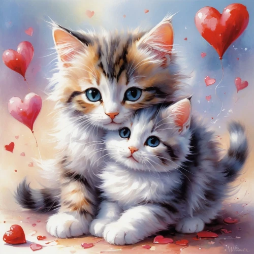 cat love,cat lovers,heart clipart,cute animals,sweethearts,cute cartoon image,valentine clip art,kittens,cute cat,puffy hearts,painted hearts,a heart for animals,valentine's day clip art,love couple,two hearts,two cats,cute heart,sweeties,romantic portrait,baby cats,Conceptual Art,Oil color,Oil Color 03