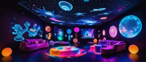 ufo interior,glow in the dark paint,party lights,fairy galaxy,party decoration,planetarium,blue room,plasma lamp,colored lights,great room,light art,black light,globules,kids room,sky space concept,party decorations,disco ball,nightclub,psychedelic art,outer space,Illustration,Realistic Fantasy,Realistic Fantasy 37