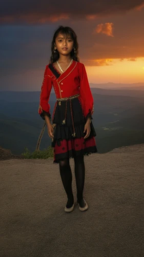 little girl in wind,digital compositing,agnes,pekapoo,mulan,mountain fink,3d rendered,3d render,cgi,scandia gnome,rockabella,the little girl,scot,queen of hearts,dwarf sundheim,image editing,princess anna,moana,a girl in a dress,red tunic,Photography,General,Realistic