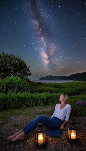 stargazing,romantic night,the milky way,milky way,the night sky,starry night,romantic scene,starry sky,night image,astronomy,night photography,night sky,relaxed young girl,meditative,meteor shower,the night of kupala,tea zen,meditating,lotus position,meditation,Photography,General,Realistic