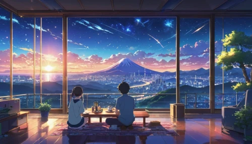 window to the world,sky apartment,dream world,star sky,bedroom window,starry sky,evening atmosphere,night sky,windows,stargazing,the night sky,starlight,would a background,the horizon,windowsill,dream,falling stars,japan's three great night views,atmosphere,dusk background,Illustration,Japanese style,Japanese Style 03