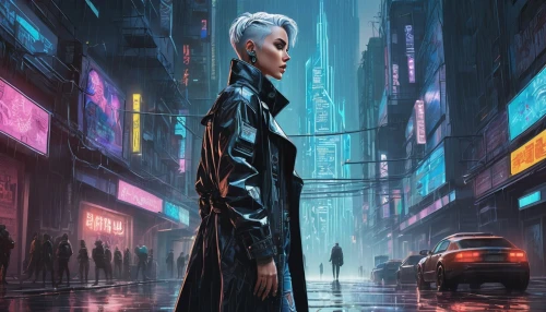 cyberpunk,sci fiction illustration,dystopian,futuristic,pedestrian,metropolis,dystopia,world digital painting,city ​​portrait,a pedestrian,cg artwork,transistor,long coat,walking in the rain,hong kong,black coat,scifi,blue rain,woman walking,sci-fi,Unique,Design,Infographics