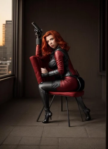 black widow,sitting on a chair,harley,femme fatale,daredevil,harley quinn,avenger,mary jane,perched,huntress,cosplay image,retro woman,widow,piper,xmen,scarlet witch,velvet elke,red-haired,chair,poison ivy,Common,Common,Photography